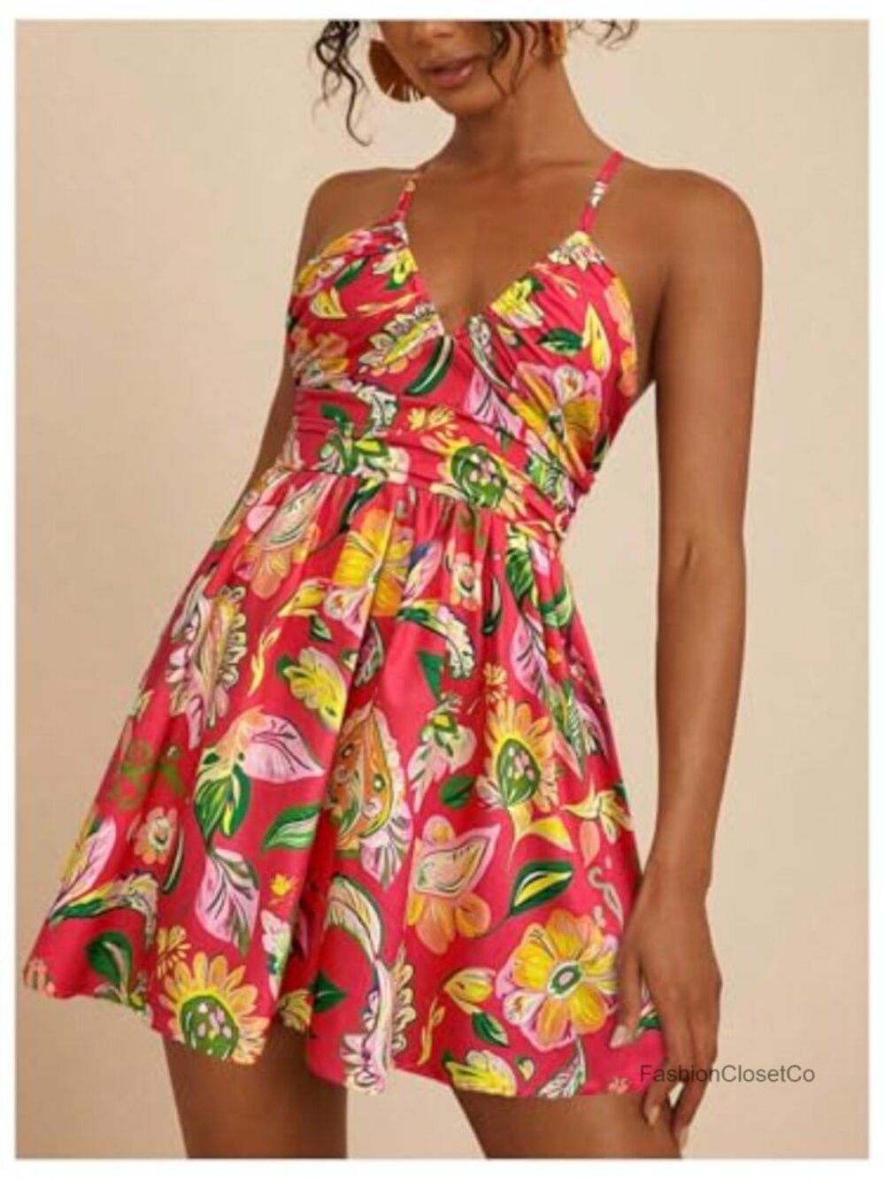 Boho Tropical Mini Dress Spaghetti Strap Criss Cross Tie Back Sundress - Picture 5 of 6